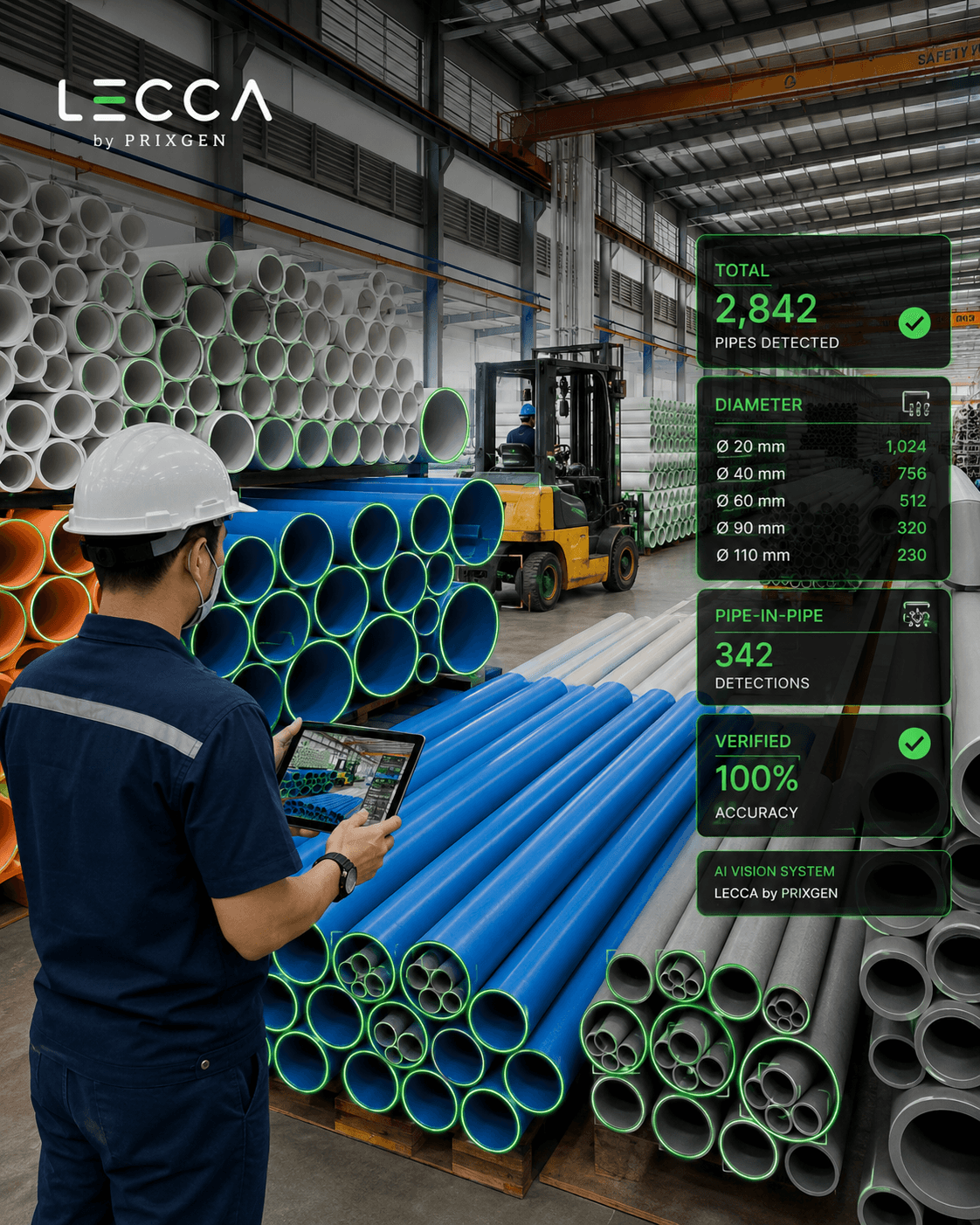 Lecca AI pipe counting dashboard showing 2,842 pipes detected in a warehouse, with pipe-in-pipe and diameter breakdown.