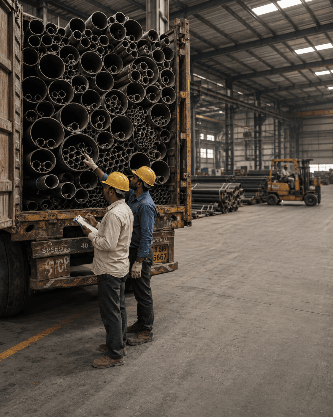 Two warehouse workers manually counting a stack of steel pipes on a truck using a clipboard.
