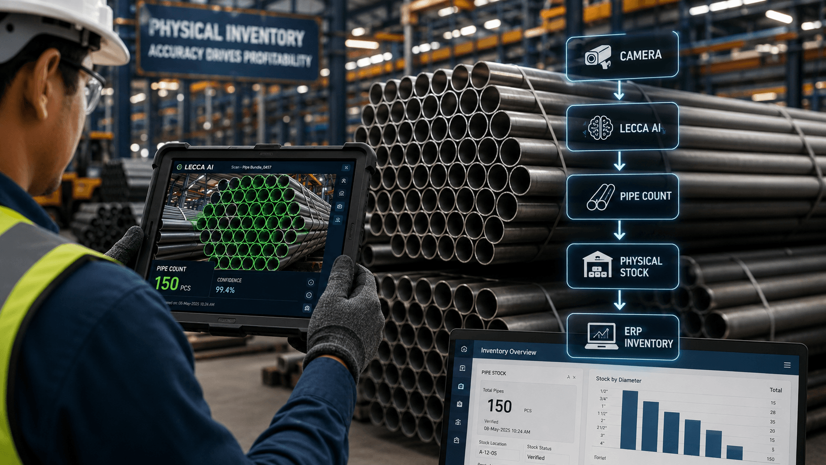 Diagram showing Lecca's process flow: Camera to Lecca AI to Pipe Count to Physical Stock to ERP Inventory, alongside a worker using a tablet to scan a pipe stack.