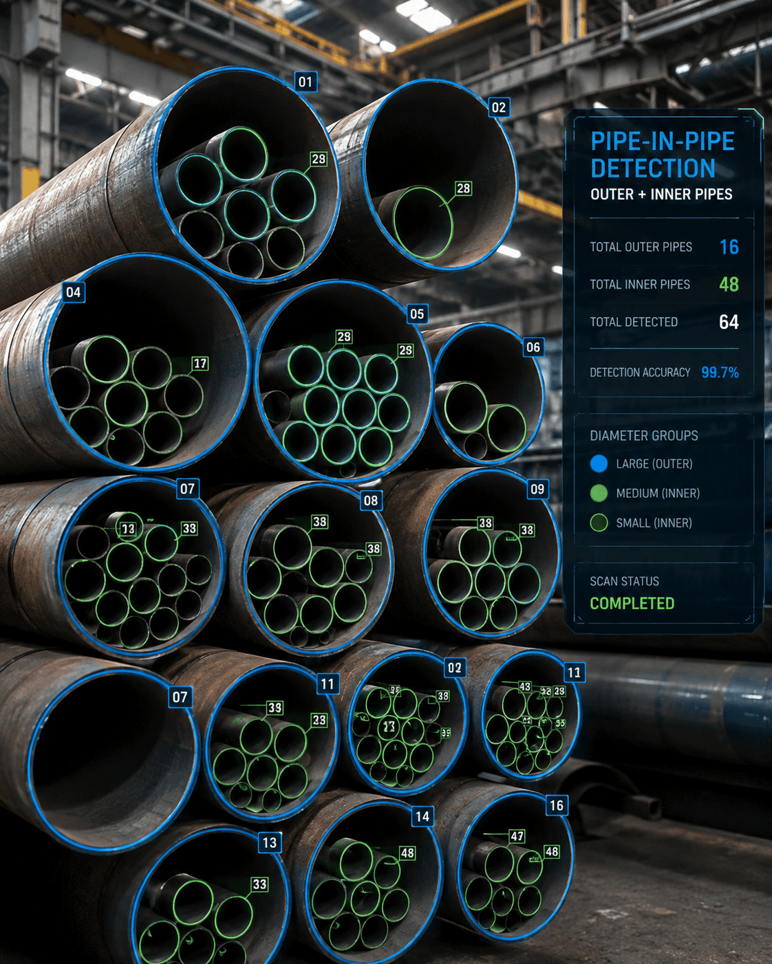 Close-up of pipe ends with AI detection overlay showing outer and inner pipe counts: 16 outer, 48 inner, 64 total, 99.7% accuracy.