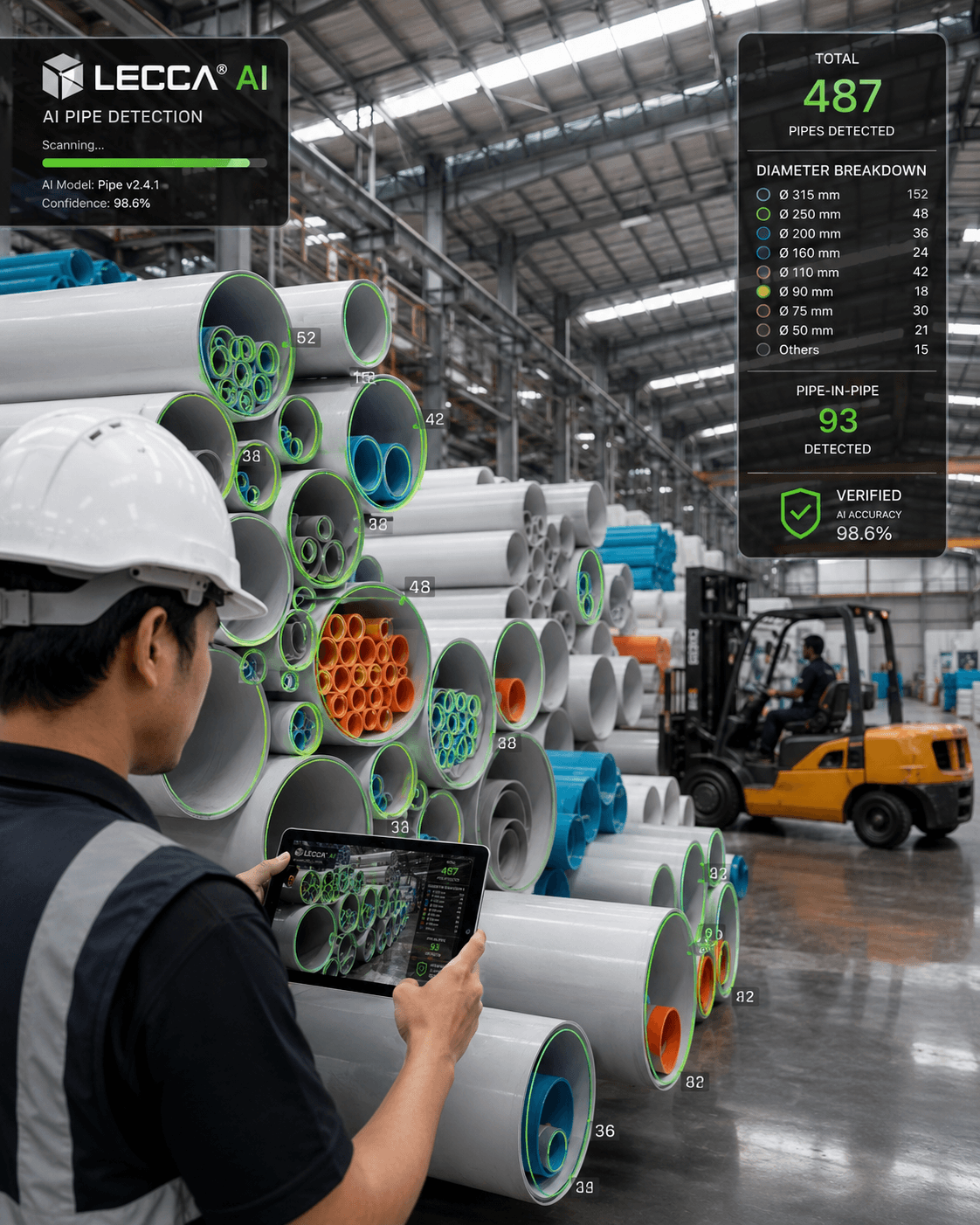 Warehouse worker using a tablet showing AI pipe detection with diameter breakdown and pipe-in-pipe count of 93 on colorful PVC pipe stacks.