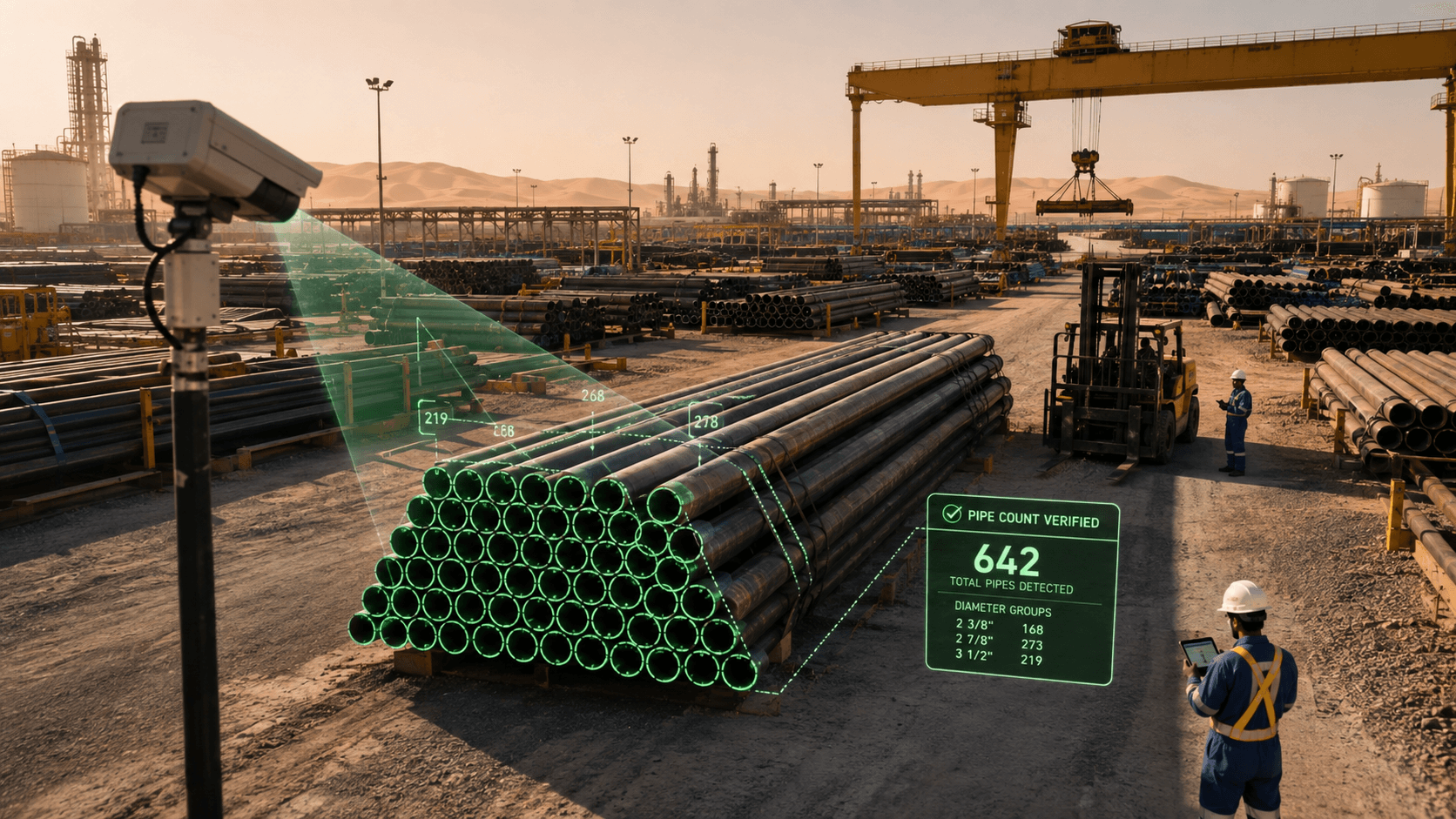 Fixed camera scanning a large stack of steel pipes at an oilfield yard, with a verified count of 642 pipes displayed.