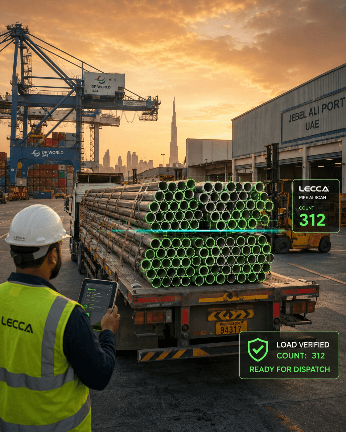 Worker in Lecca-branded safety vest using a tablet to verify a pipe load at Jebel Ali Port, UAE, at sunset.