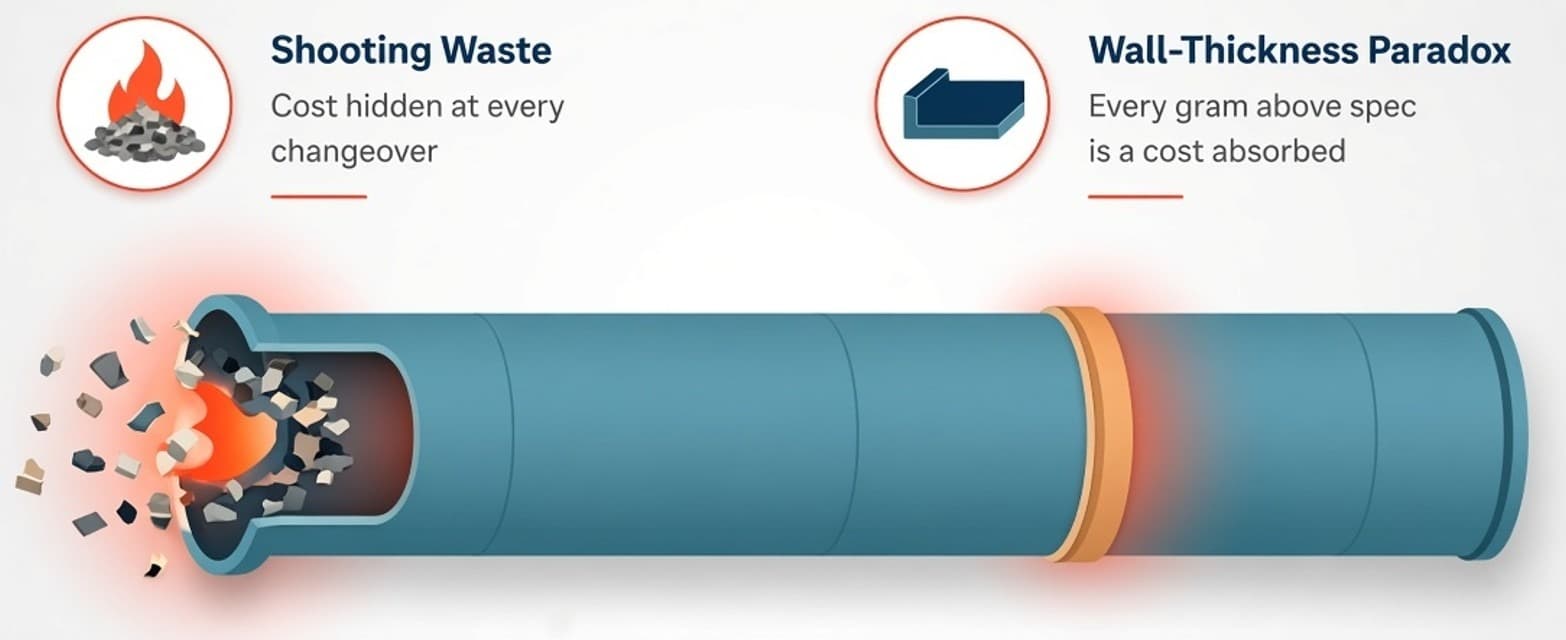 Shooting Waste and the Wall-Thickness Paradox in Pipe Extrusion