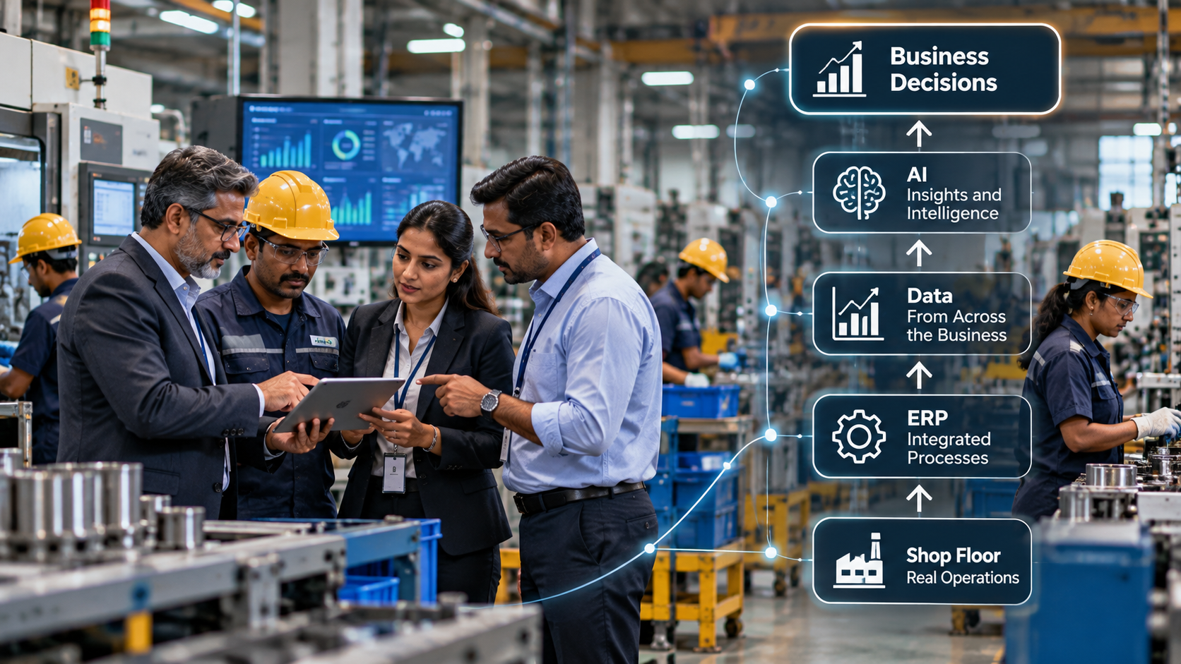 Figure 2: Enterprise intelligence connects physical operations, ERP, data and AI while keeping business decisions accountable.